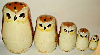 Set Of 5 Vintage Nesting Dolls Matryoshka Owls Hand Painted Wood