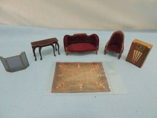 Miniature Doll House Furniture Living Room Rug Couch Sofa Radio Fireplace Grate