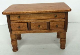 Vintage Dollhouse Miniature Oak Table Drawers Solid Well Made Wood