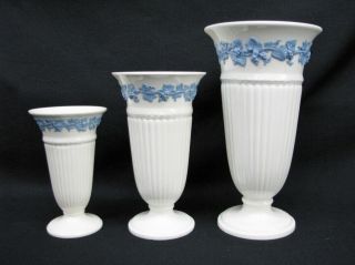 3 Wedgwood Embossed Queensware Lavender On Cream Fluted 11 " Vases; Fields