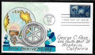 1066 8c Stamp (1955) - Rotary International - William N.  Wright - Hand Painted Fdc