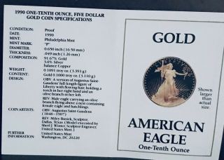 1990 - P American Eagle Gold Bullion (1/10 oz) Proof $5 Coin OGP w/ 5