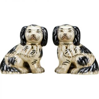 Staffordshire Black King Charles Spaniel Dogs With Chain Figurines - Set Of 2