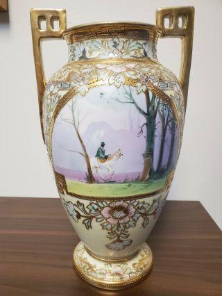 11 3/4 " Hand Painted Nippon Vase With Raised Gold; Horse And Rider; Green M Mark