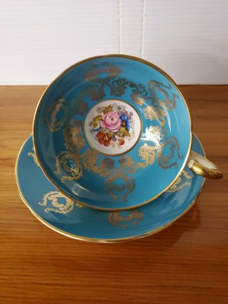 Aynsley J.  A.  Bailey Tea Cup Saucer Cabbage Rose Bouquet Turquoise Pedestal