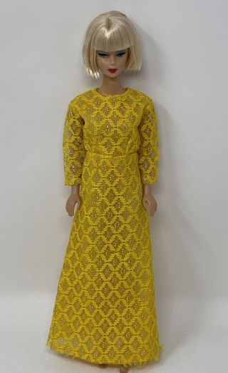 Vintage Barbie Size Clone Doll Clothes Outfit Yellow Gold Lace Maxi Dress