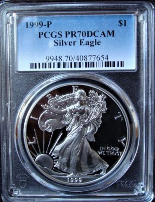 1999 - P 1oz Silver American Eagle Dollar - Pcgs Pr 70 Dcam