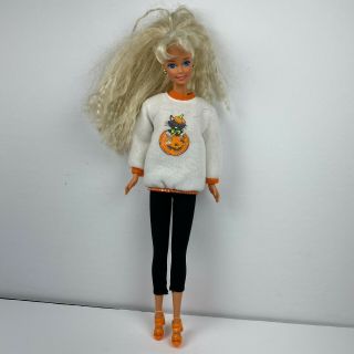 Vintage Halloween Barbie Doll Mattel Krimped Blonde Hair Pumpkin Sweatshirt 1966