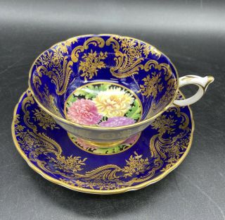 Paragon Hand Painted Floating Chrysanthemum Cup & Saucer Cobalt & Gold