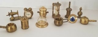 Vintage Solid Brass Dollhouse Miniatures (holland) Clock Stove Hourglass Sewing