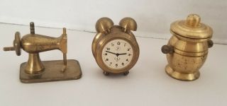 Vintage Solid Brass Dollhouse Miniatures (Holland) Clock Stove Hourglass Sewing 2