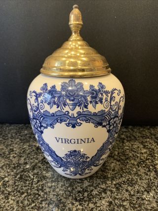 Royal Goedewaagen Blue White Delft Virginia Tobacco Jar W/lid 7.  5