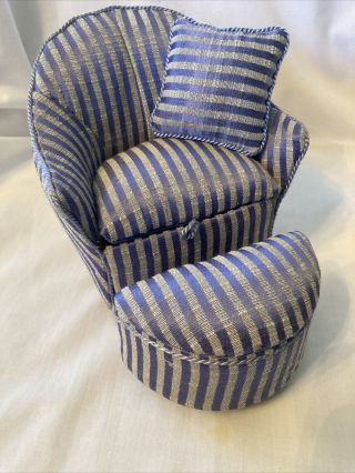 Dollhouse Miniature Upholstered Arm Chair & Ottoman Stripped Lavender Grey
