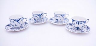 4 Cups & Saucers 528 - Blue Fluted Royal Copenhagen - Half Lace - 2:nd Quality