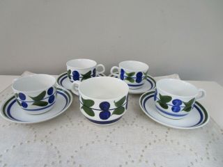 Rorstrand Irene Blue Fruit Flat Cup And Saucers 5 Cups/ 4 Saucers Sweden