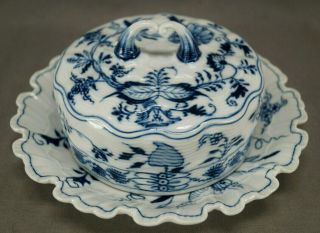 Meissen Hand Painted Blue Onion Covered Butter Dish With Attached Underplate
