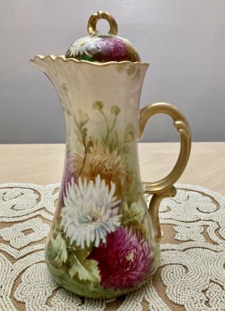 Jpl Limoges Pitcher/ Chocolate/ Coffee Pot Hand Painted & Signed