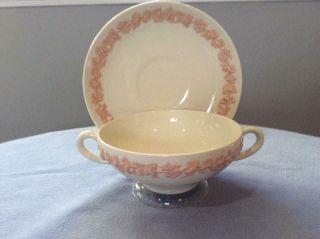 Wedgwood Embossed Queensware Pink On Cream Smooth Edge Cream Soup And Saucer