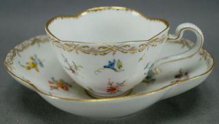 19th Century Dresden Hand Painted Floral & Gold Quatrefoil Tea Cup & Saucer B