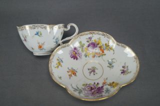 19th Century Dresden Hand Painted Floral & Gold Quatrefoil Tea Cup & Saucer B 2