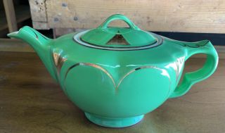 Vintage Rare Hall Kansas Teapot Emerald Green With Gold Trim 0312