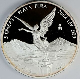 2002 Mexico / Mexican Libertad 5 Oz Onza Plata Pura.  999 Fine Silver Coin Proof