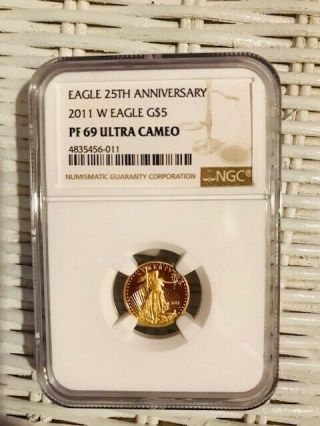 2011 W Us 1/10 Oz Gold American Eagle $5.  00 $5 Ngc Pf 69 Ultra Cameo 25th Anniv.