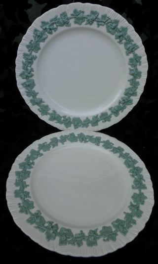Wedgwood Embossed Queensware Celadon Green On Cream 4 Luncheon Plates 9 " 1/8