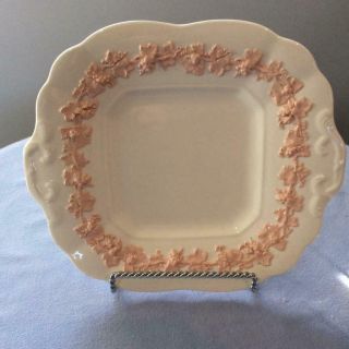 Wedgwood Embossed Queensware Pink On Cream Smooth Edge Square Handled Cake Plate