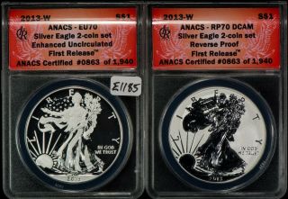 2013 - W 1 Oz American Silver Eagle - 2 - Coin Set - Anacs Eu & Rp 70 - Sku - E1185