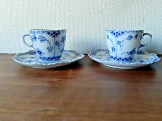 2 Espresso Cups & Saucers Blue Fluted Full Lace Royal Copenhagen 1 - 1037 Fact 1