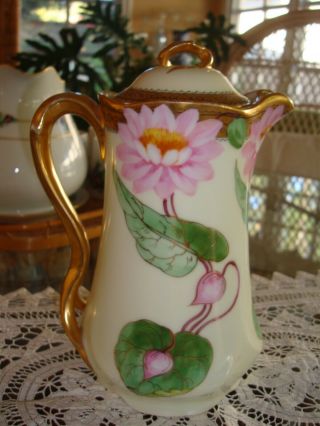 Hand Painted Wheelock Studio J.  C.  Bavaria Chocolate Coffee Tea Pot,  Lotus,  9 1/2 "