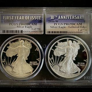 1986 S 2016 W American Silver Eagle Proof 1st Year/ 30th Anniversary Pcgs Pr69
