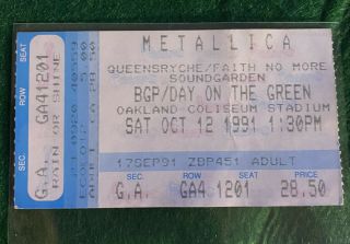 1991 Metallica Day On The Green Ticket Stub Includes 2 Rare Flier