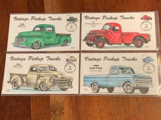 5101 - 5104 Set Of 4 Vintage Pickup Trucks Hand Painted Fdc 