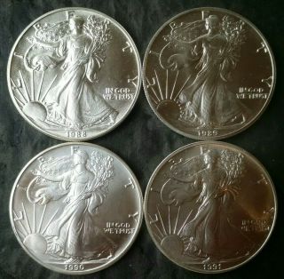 1988,  1989,  1990,  And 1991 $1 American Silver Eagle Dollars