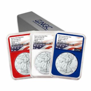 - 2021 (w) $1 American Silver Eagle 3 Pc.  Set Ngc Ms70 Flag Label Red Wh