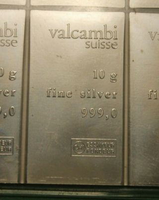 Ten 10g Valcambi Suisse Combibar - 100 grams.  999 fine silver bar - 3