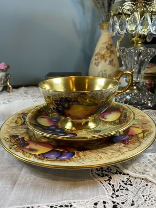 Ln Aynsley Orchard Fruit Gold Tea Cup Saucer Dinner Plate Trio Set Hp Signed
