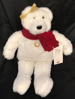 Woof & Poof White Polar Bear 14 " Plush Mwt Red Scarf Satin Ears Pearl 2015