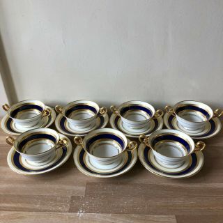 Lovely Set Of 7 Royal Doulton Cobalt Blue Gold Encrusted Cream Soup Bowls