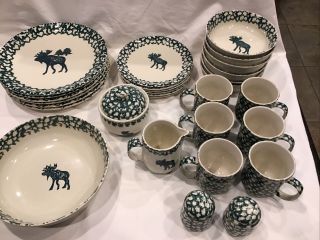29 Pc Folk Craft Moose Country By Tienshan Green Sponge 6 Place Settings