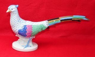 Herend Hungary Handpainted Porcelain Blue Fishnet Pheasant Figurine