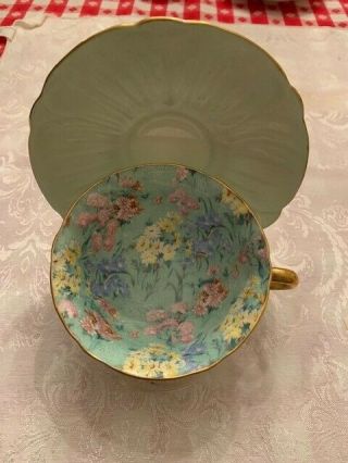 Shelley Melody Chintz Light Green C/s Gold Handle & Base Footed Oleander Shape