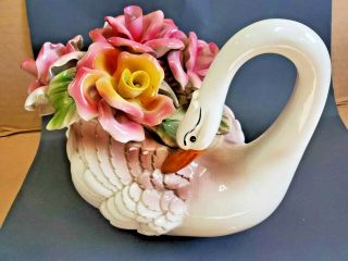 Capodimonte Roses Swan Centerpiece Figure Made In Italy 13 " Signed W/ Passport