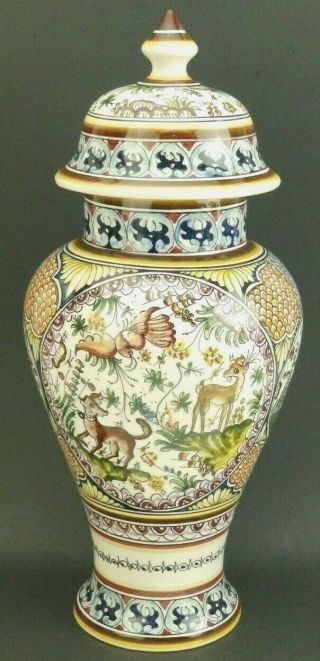 17 " Ceramica De Coimbra Pottery Portugal 17th C Hand Painted Ginger Jar Vase Lid