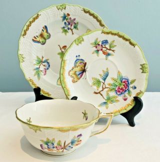 Herend Queen Victoria Tea Cup Saucer Salad Plate Trio Green Border 734 1518 Vbo