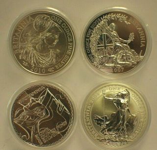2003,  2004,  2007,  2010 Great Britain Uk 1 Oz.  Britannia Silver Coins 2 Pounds Bu