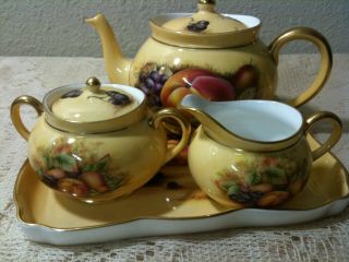 Aynsley Orchard Gold Fruit Demitasse Tea Set Teapot,  Sugar Bowl,  Creamer & Tray