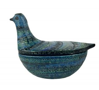 Raymor Bitossi Rimini Italy Mcm Aldo Londi Blue Lidded Ceramic Bowl Bird Pigeon